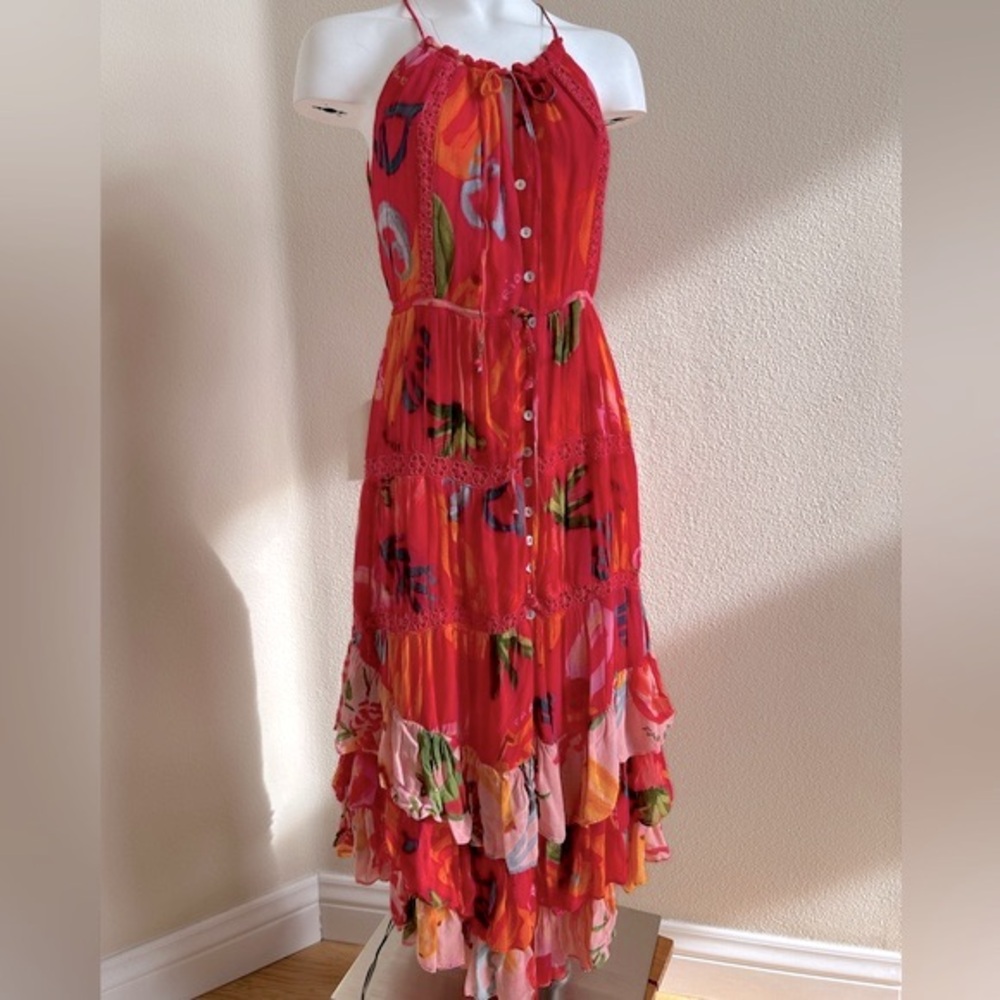 FARM Rio Mixed Fruit Oceans Midi Dress Small Red Ruffles Button Front - Picture 4 of 12